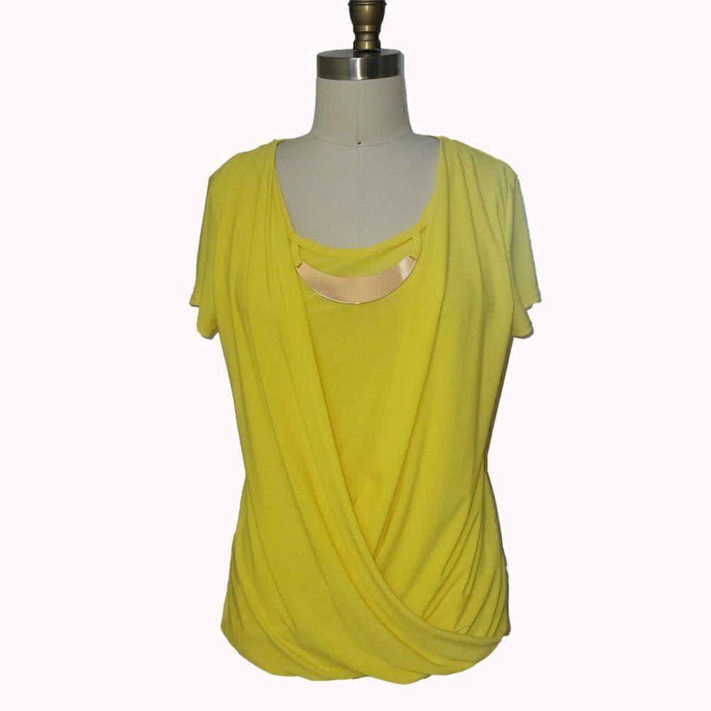 Draped wrap style yellow top with gold metal accent
